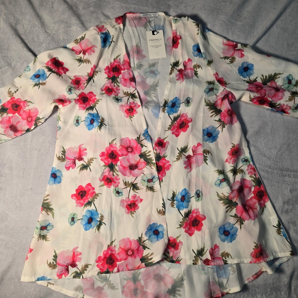 Pinkmilly Floral Open Front Kimono Cardigan White‎ Pink Blue High Low Hem Small